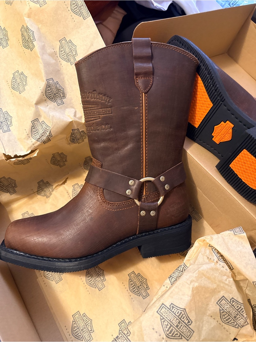 Harley-Davidson Brown Leather Harness Boots with Black Sole and Orange Accents